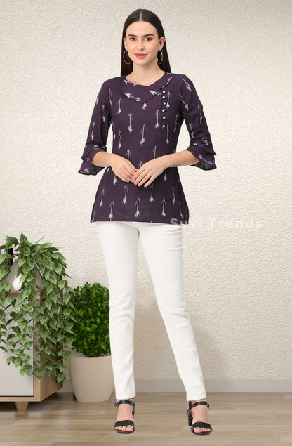 Dark Violet Ikat Top with Pearl Embellished