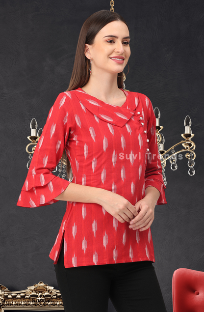 Red Ikat Top with Pearl Embellished