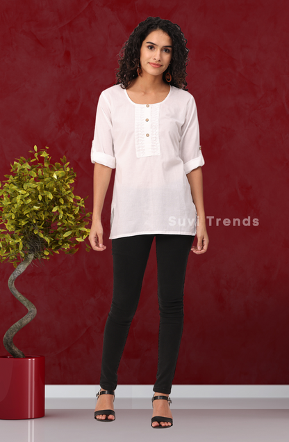 White Pintuck Top with Roll-Up Sleeve