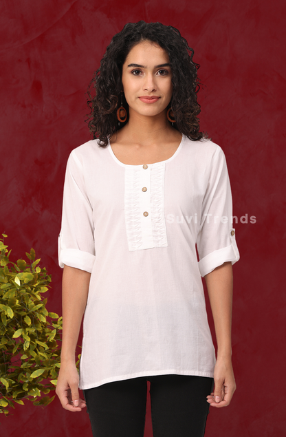 White Pintuck Top with Roll-Up Sleeve