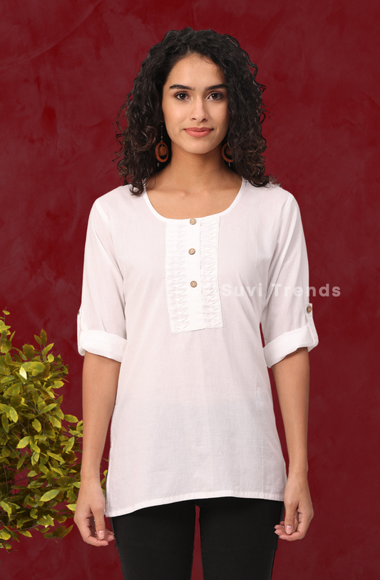 White Pintuck Top with Roll-Up Sleeve