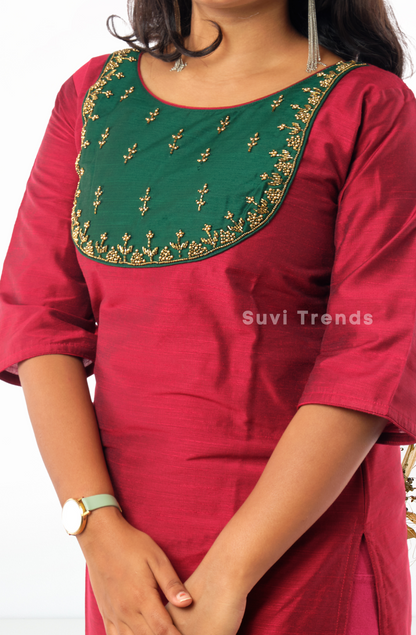 Maroon & Green Aari worked Kurti