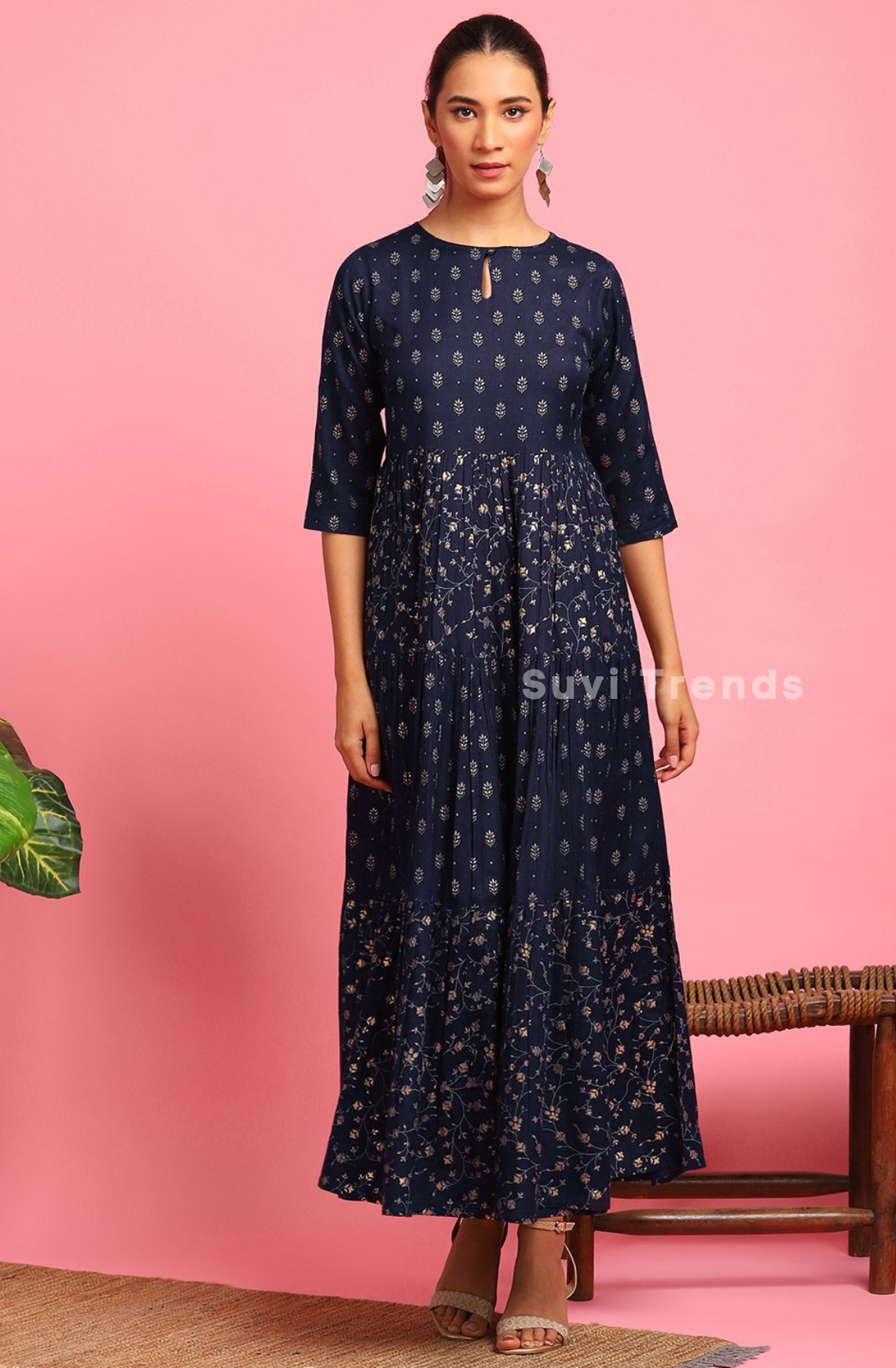 Geometric Motif Printed Anarkali - Navy Blue