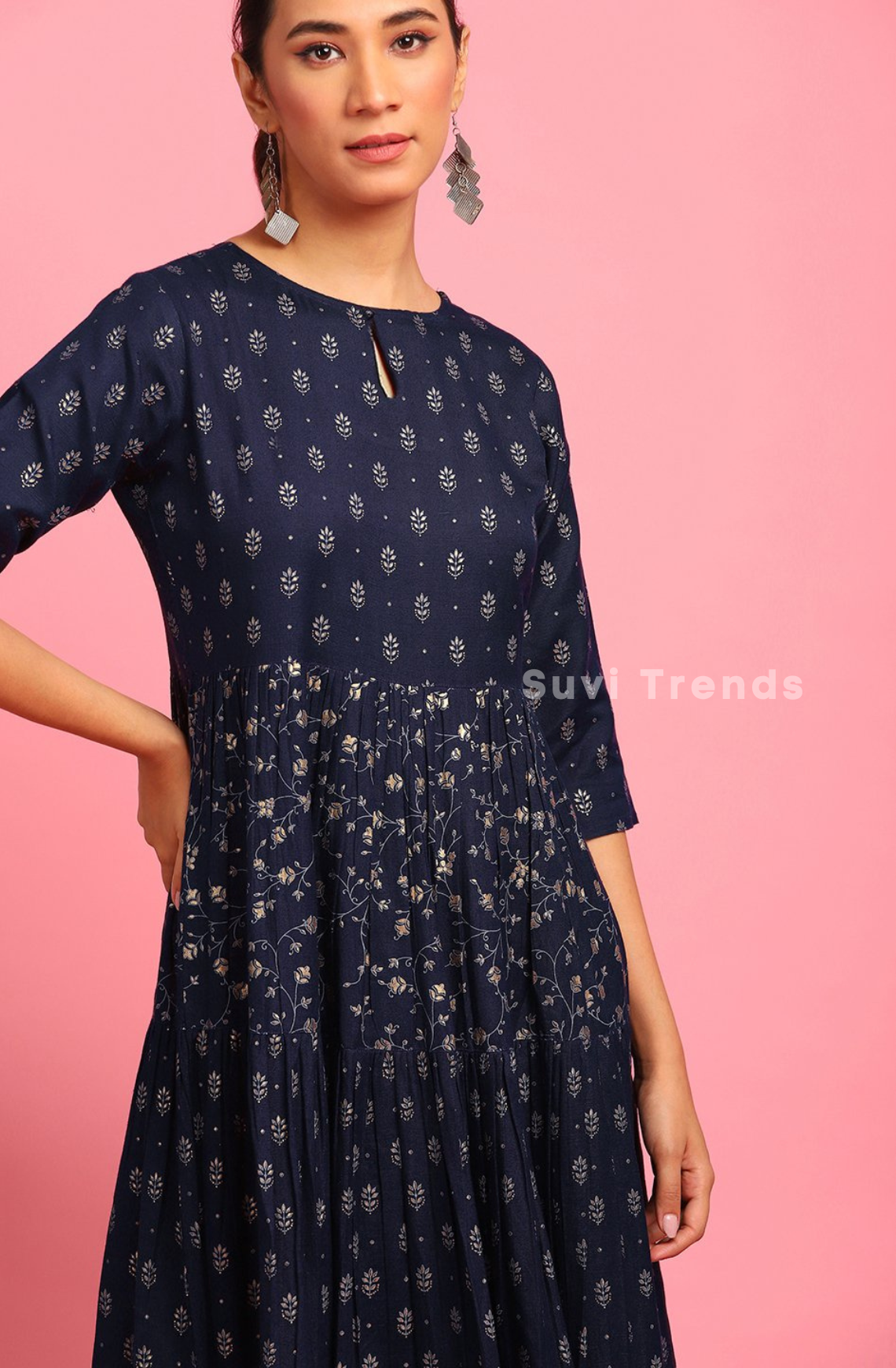 Geometric Motif Printed Anarkali - Navy Blue
