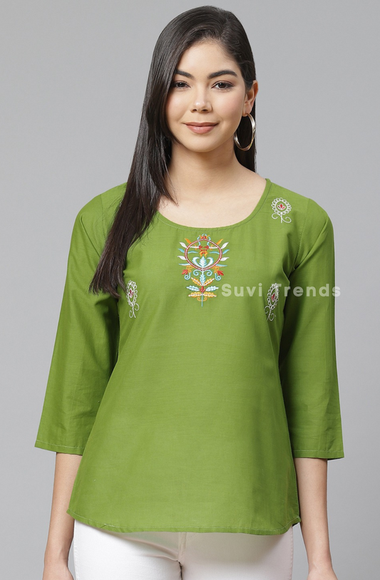 Green Cotton Embroidered Top