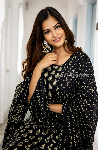 Cotton Printed Suit Set - Black