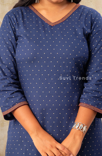 Blue V Neck Printed Kurta