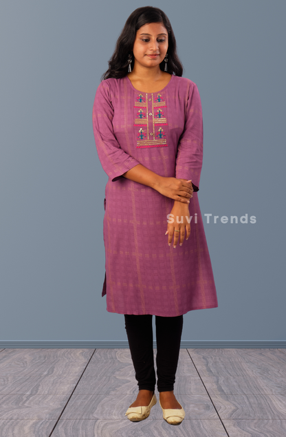 Cotton Checked Embroidered Kurta - Wine