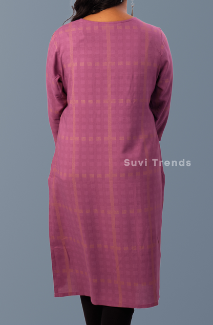 Cotton Checked Embroidered Kurta - Wine