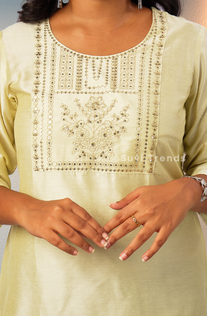Solid Stright Cut Kurta with Sequins Work - Light Green