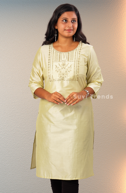 Solid Stright Cut Kurta with Sequins Work - Light Green