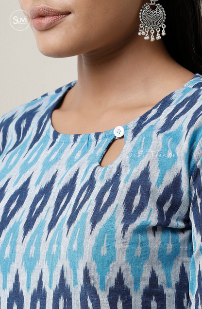 Torquoise Ikat Top with Keyhole Neck
