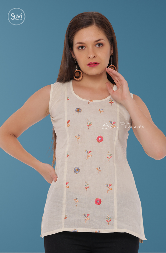 Off White Embroidered Top - Sleeveless