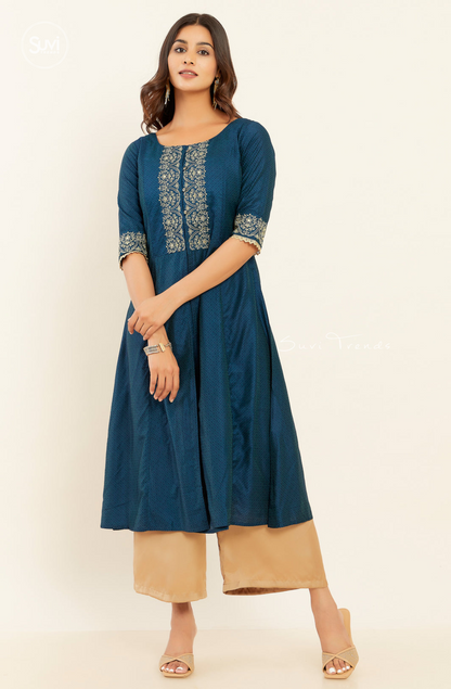 Contrast Scroll Motif Embroidered A-Line Kurta - Navy