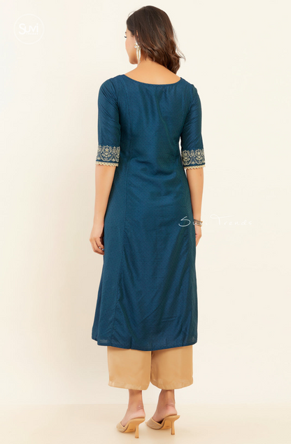 Contrast Scroll Motif Embroidered A-Line Kurta - Navy