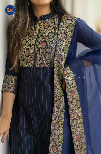 Blue Chanderi Silk Kurti with Organza Dupatta