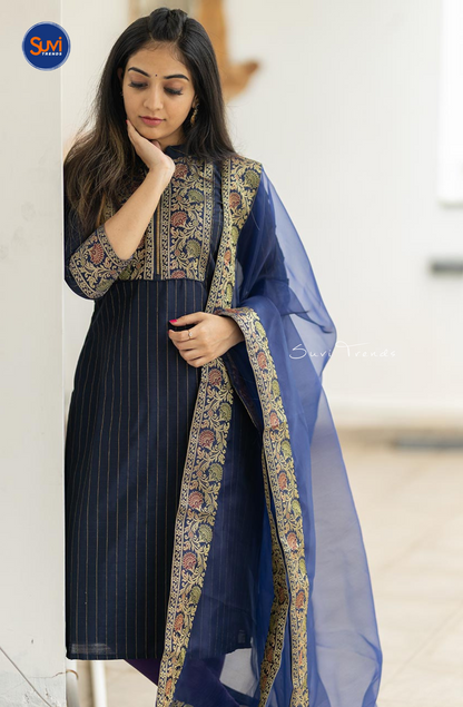 Blue Chanderi Silk Kurti with Organza Dupatta