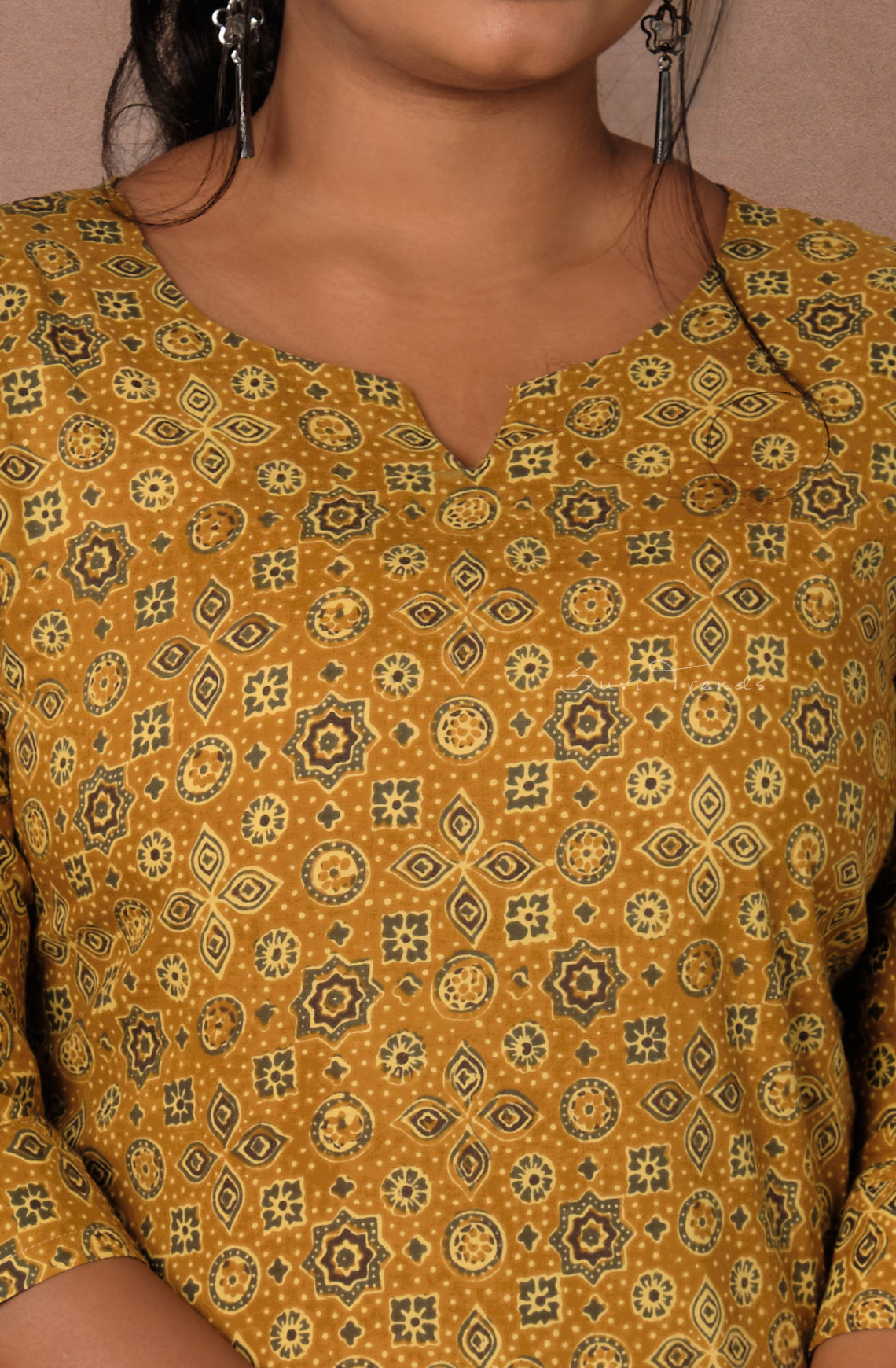 Ajrakh Printed Straight Kurti - Mustard