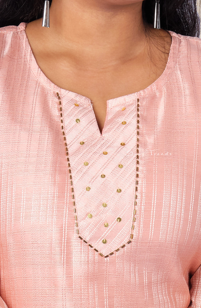 Solid Striped Kurta with Embellishment - Peach