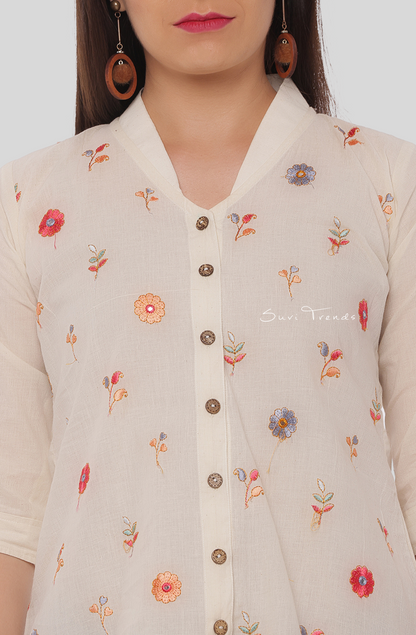 All Over Floral Embroidered A-Line Kurti - Off White