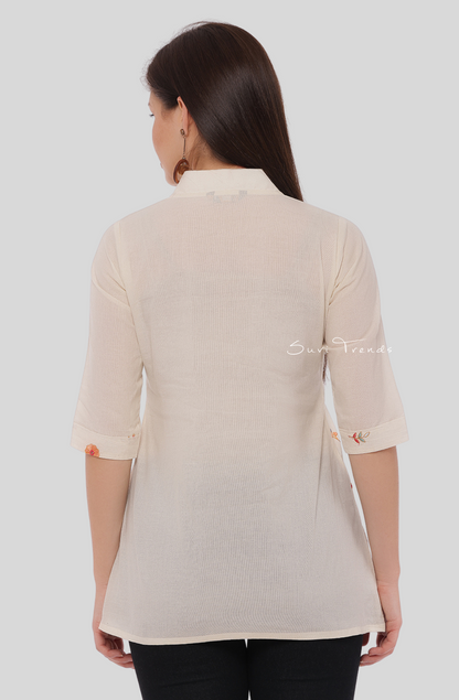All Over Floral Embroidered A-Line Kurti - Off White