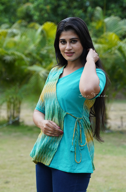 Angrakha Style Ikat Short Kurti - Aqua