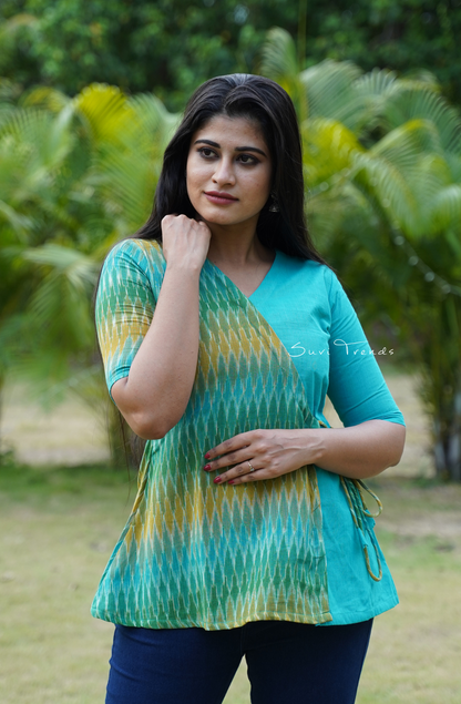 Angrakha Style Ikat Short Kurti - Aqua