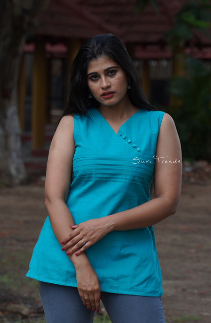 Solid Pintuck Sleeveless Top - Aqua